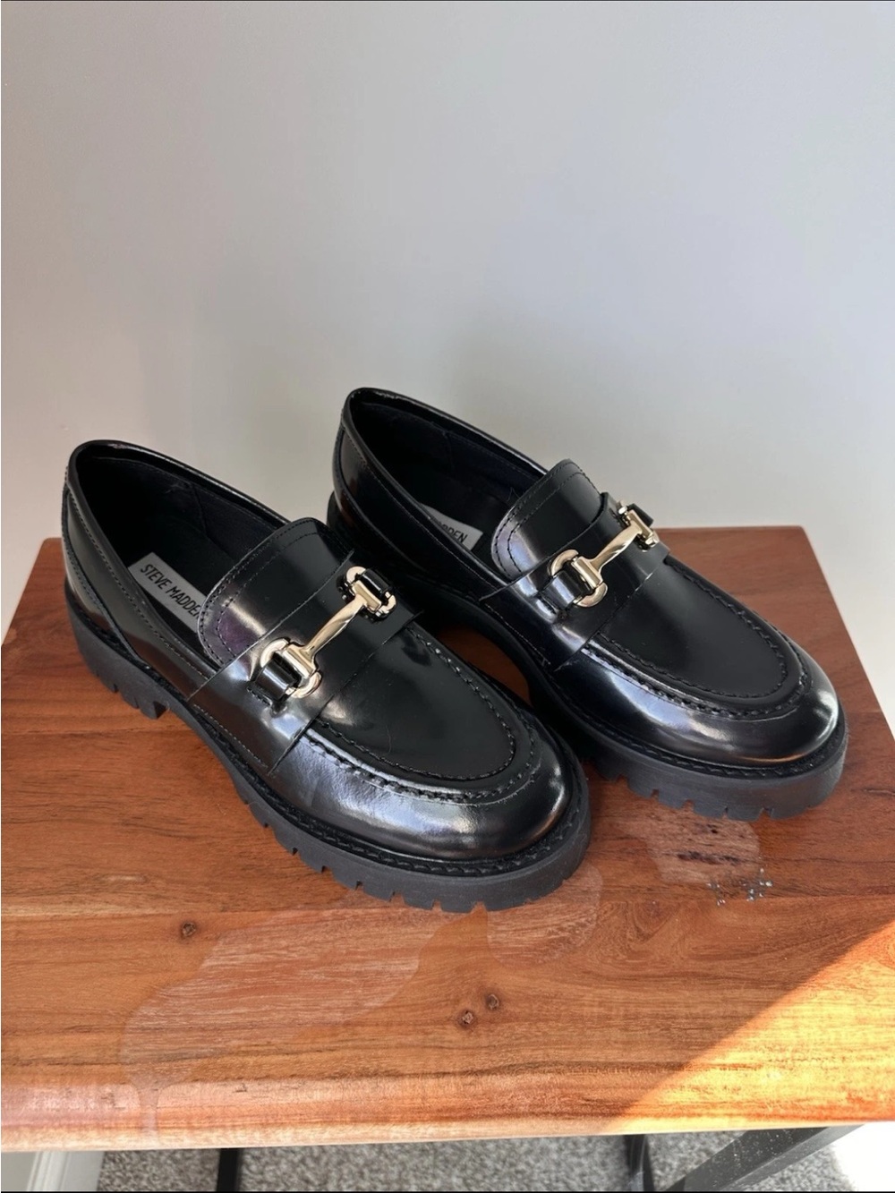 Steve Madden Lando Black Leather Chunky Loafer 8.5 Platform Lug Sole Horsebit